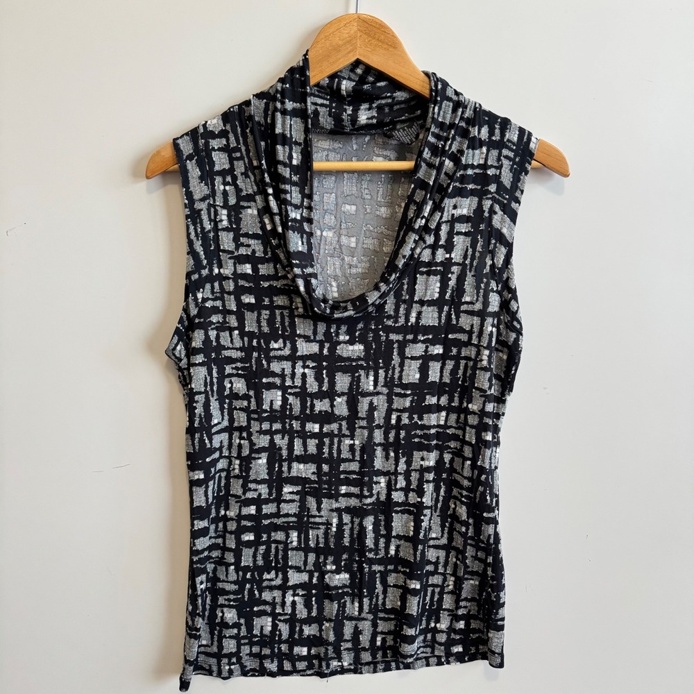 New York & Company Y2K Stretch Top Sleeveless Cowl Neck Abstract Black Gray
